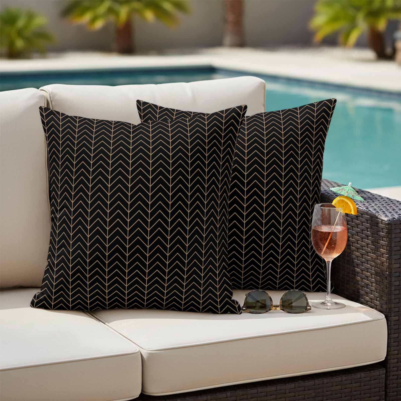 Simple Line Black Outdoor Waterproof Pillow Covers, Black Modern Art Geometric Decorative Square Throw Pillowcase Sofa Cushion Sham for Patio/Couch/Chair, 26"x26" 2 Pack