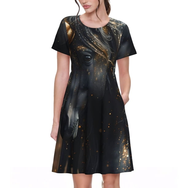 Balery Black And Gold White Horse Vestidos sueltos de manga corta para mujer, vestidos de verano 2025, vestidos casuales de corte A con vuelo.