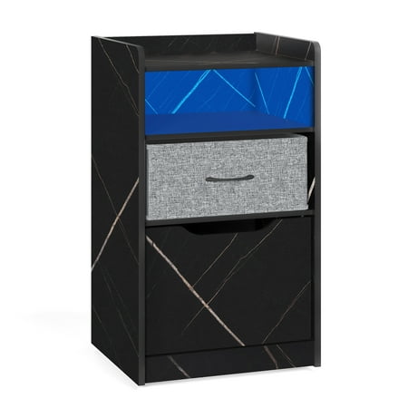 Led End Table,Modern Side Sofa Table with Drawers and Storages for Living Room Bedroom, Black&Blue Lights