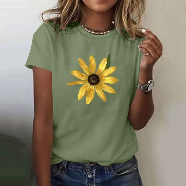 Ovbmpzd Hauts d'Été pour Femmes Vert Manches Courtes T-Shirts Graphiques Floraux Amusants Blouses pour Femmes TG