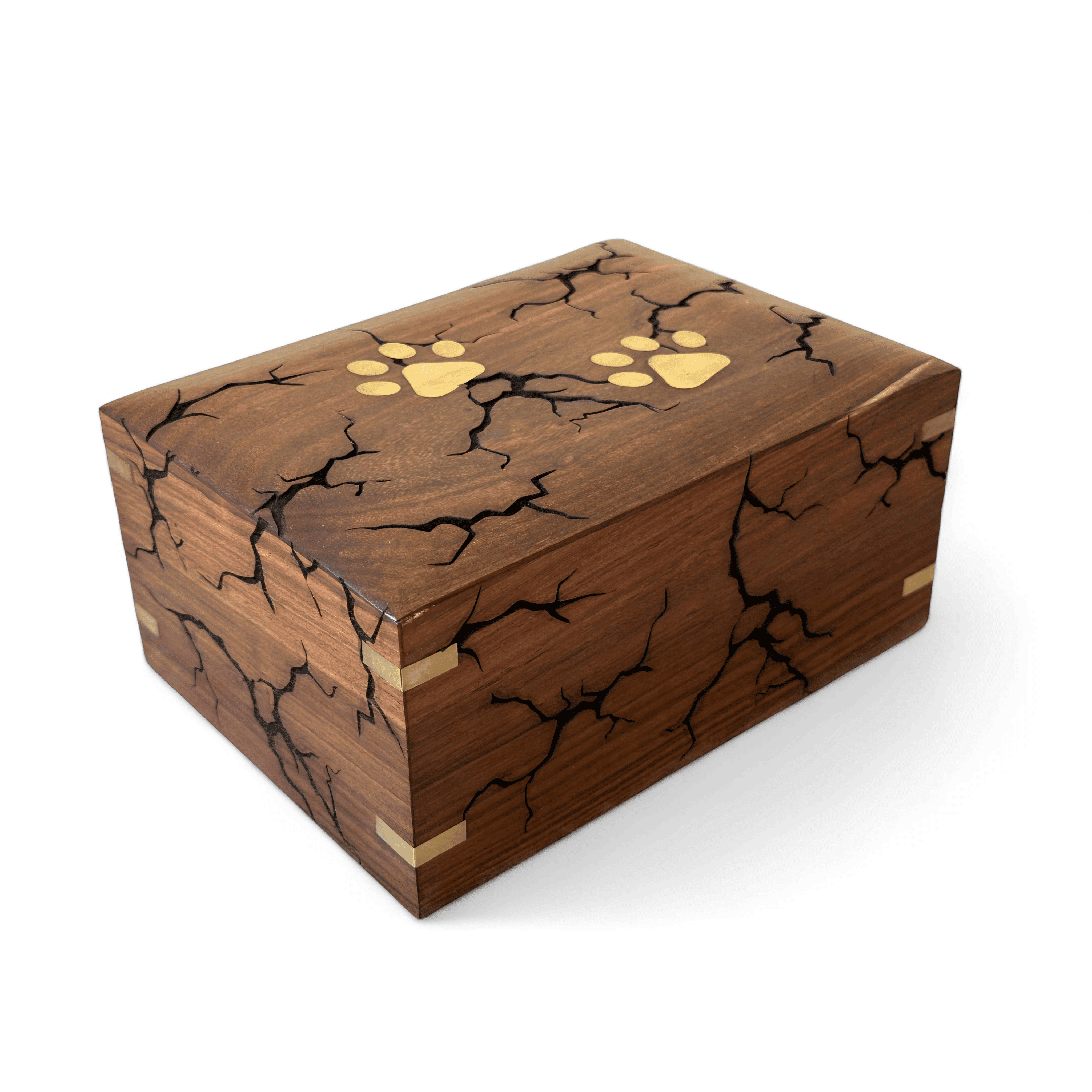 Personalized Cremation Urns for Dog Ashes - Handmade Wooden Pet Urn with Paw Print Inlay – Premium Cracked Wood Design with Brass Accents