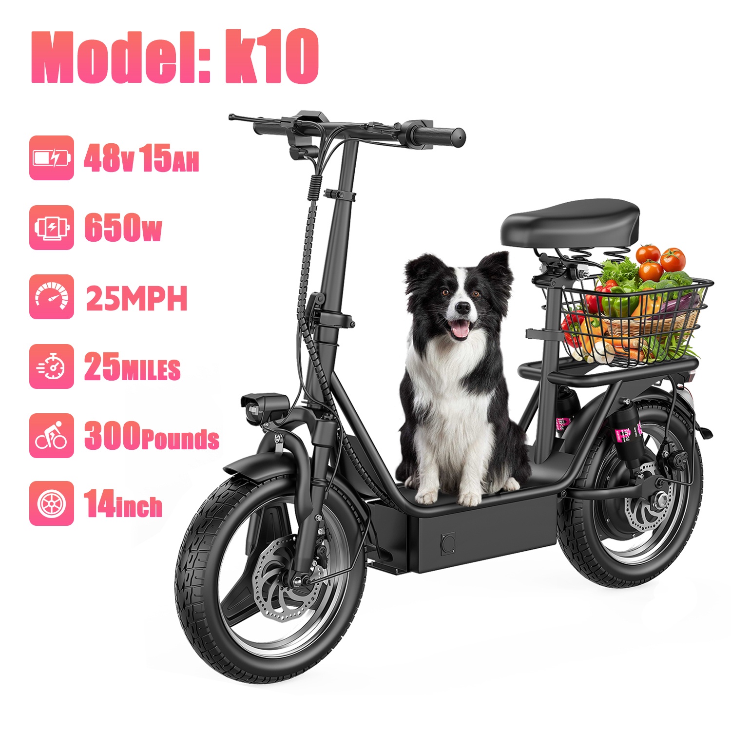 1200W Peak Electric Scooter with Basket or Box(Removable), 48V 15AH Peak Motor, Top Speed25 MPH, 25-30Mile, Adult Wide PedalEscooter with Seating Capacity of 365LBS