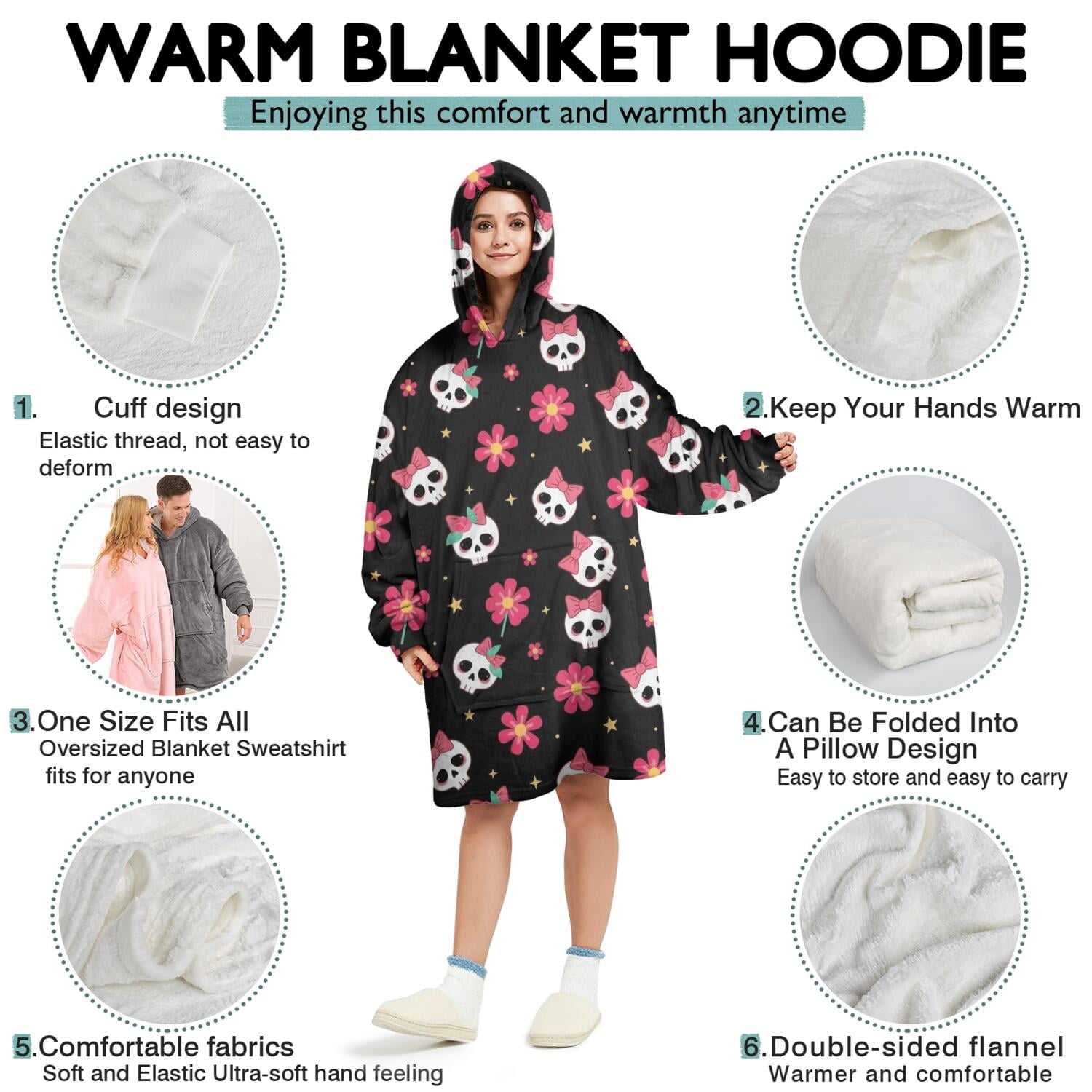 Wearable Oversized Blanket,Black Skull Flower Bow Pattern Wearable Blanket Hoodie for Adults,Cozy Hooded Blankets with Super Pockets,Super Warm Fuzzy Pullover for Women & Men