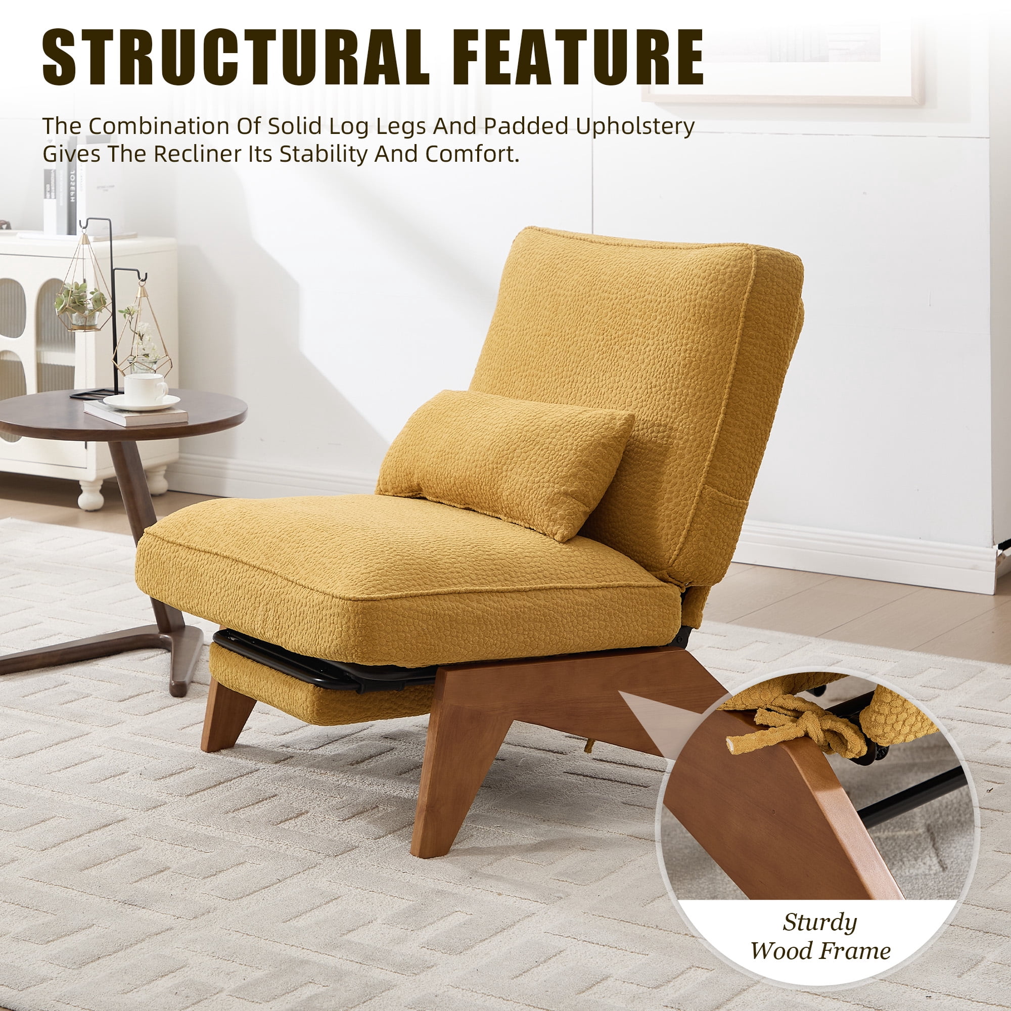 Homefun Modern Adjustable Lounge Chair with Footrest,Wooden Base Upholstered Recliner for Reading Rest Circle Fleece