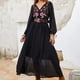 thumbnail image 1 of Vestido Vestido largo informal de gasa con cuello en V para mujer, traje diario de retales de malla con cintura elástica Ygjytge Negro T S para Mujer, 1 of 7