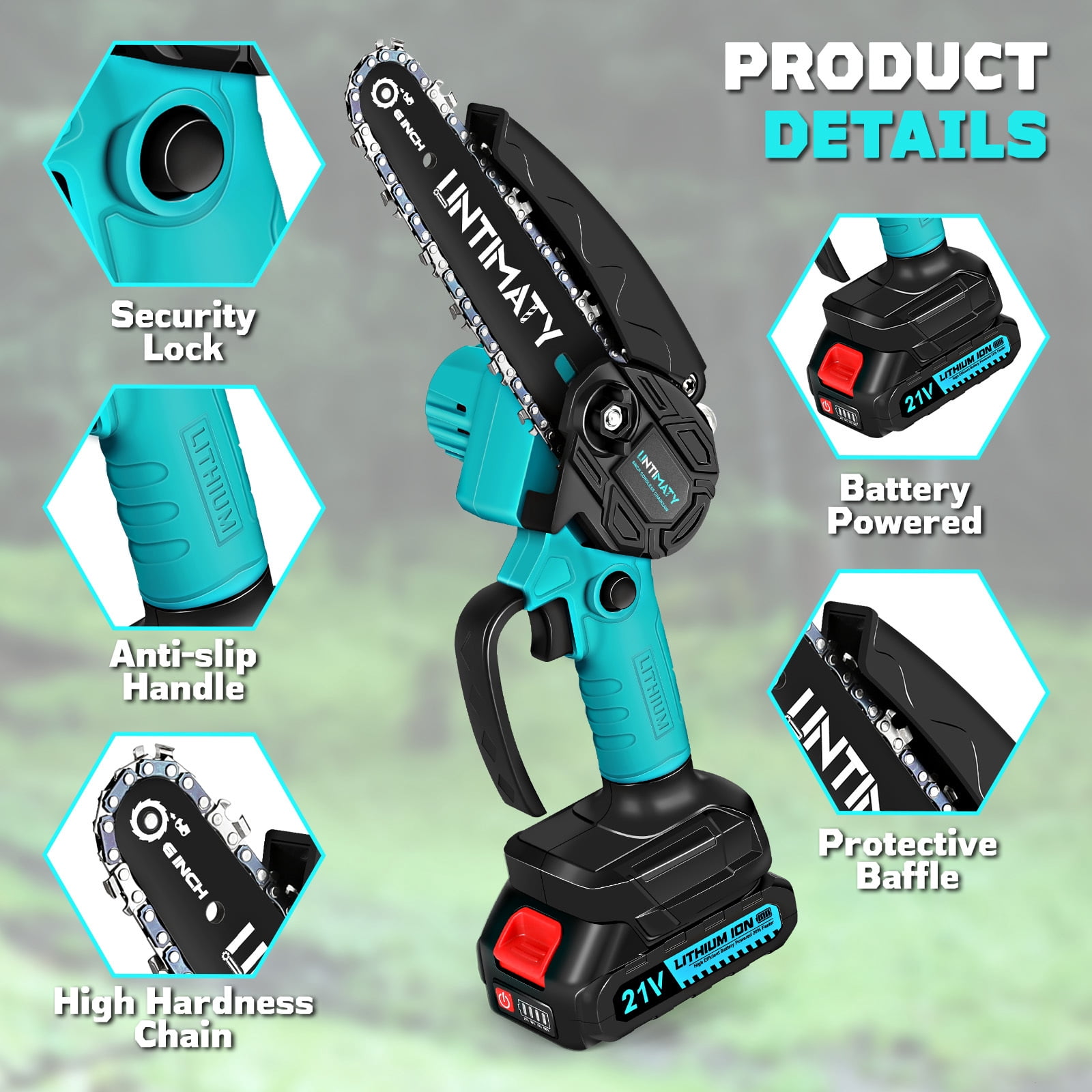 UNTIMATY Mini Chainsaw 6 inch Cordless Handheld Electric Chain Saw with 2 Batteries and Charger for Trees and Wood, Blue