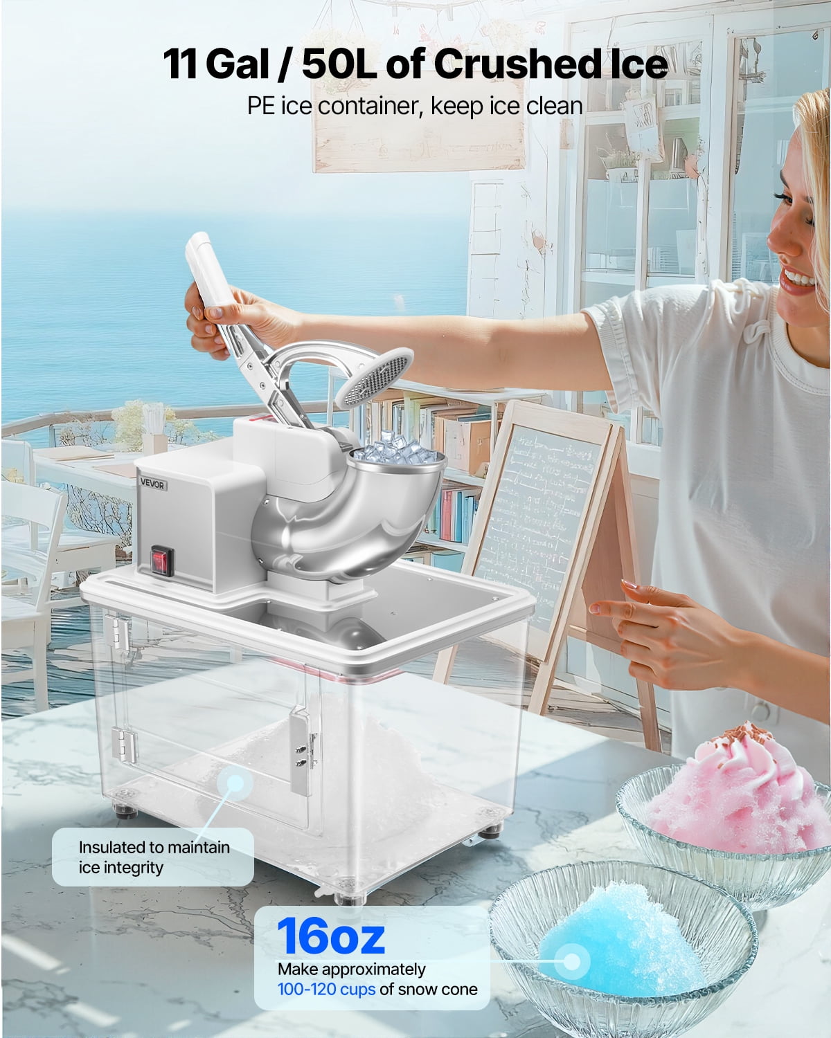 VEVOR Commercial Ice Crusher 661LBS/H, 350W Electric Snow Cone Machine with 4 Blades, 1400RPM Stainless Steel Shaved Ice Machine with 11 Gal Crushed-Ice Box,