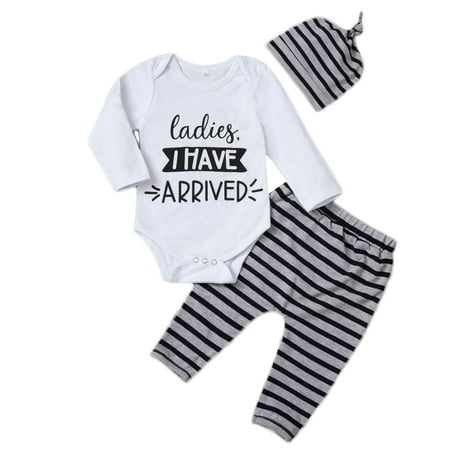 

SYNPOS Have Arrived Letter Romper Pants Hat Baby Boys Long Sleeve 3PCS Outfits