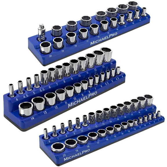 MichaelPro MP014002 3-PC Magnetic Socket Organizer - 1/4, 3/8, & 1/2-Inch Drive Magnetic Socket Holder Kit, Professional Grade Socket Organizers for Toolboxes/Cabinets - Metric