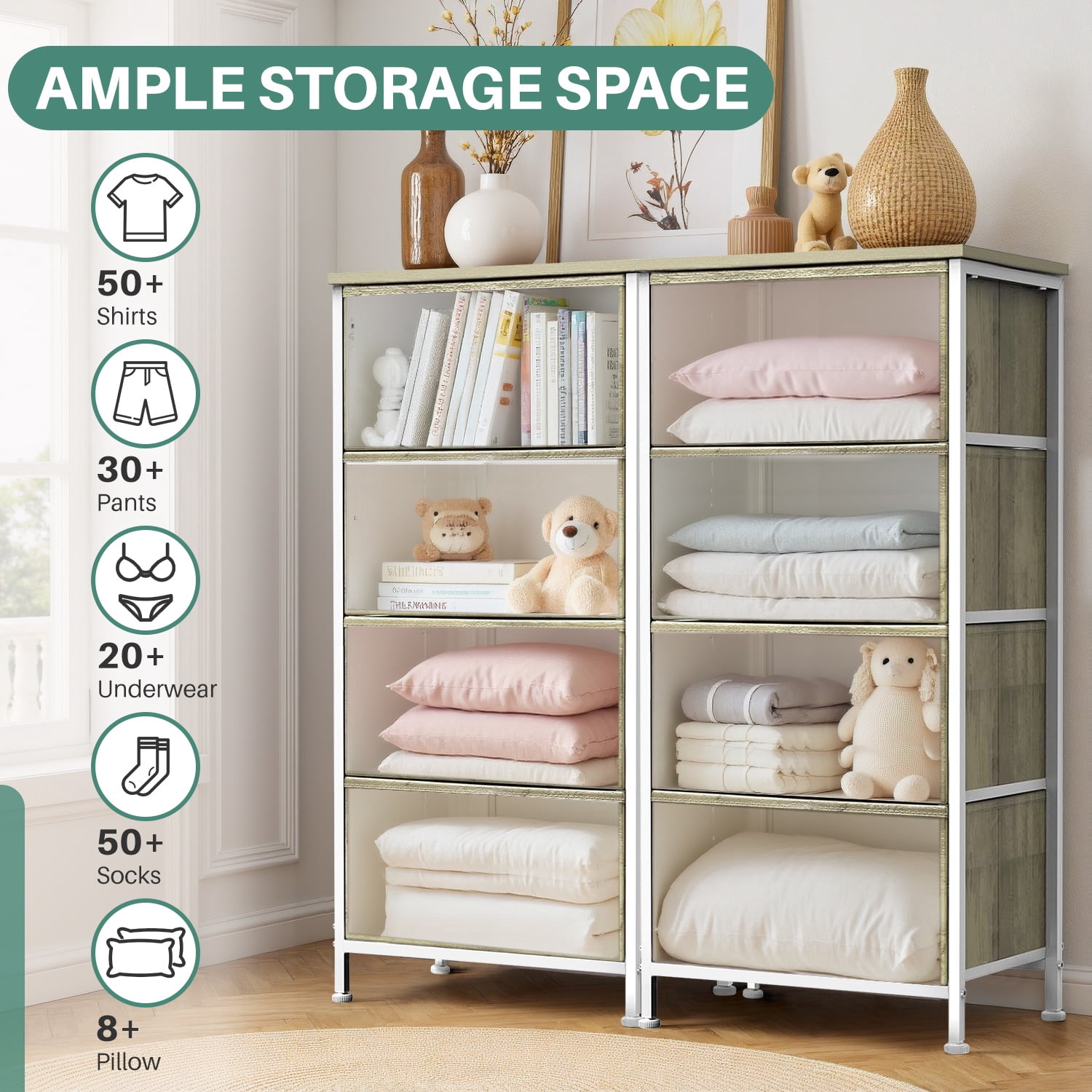 Beddle Dresser with 4 Fabric Drawers for Bedroom, Wide Storage Chest with Drawer Organizer for Closet or Living Room, Oatmeal