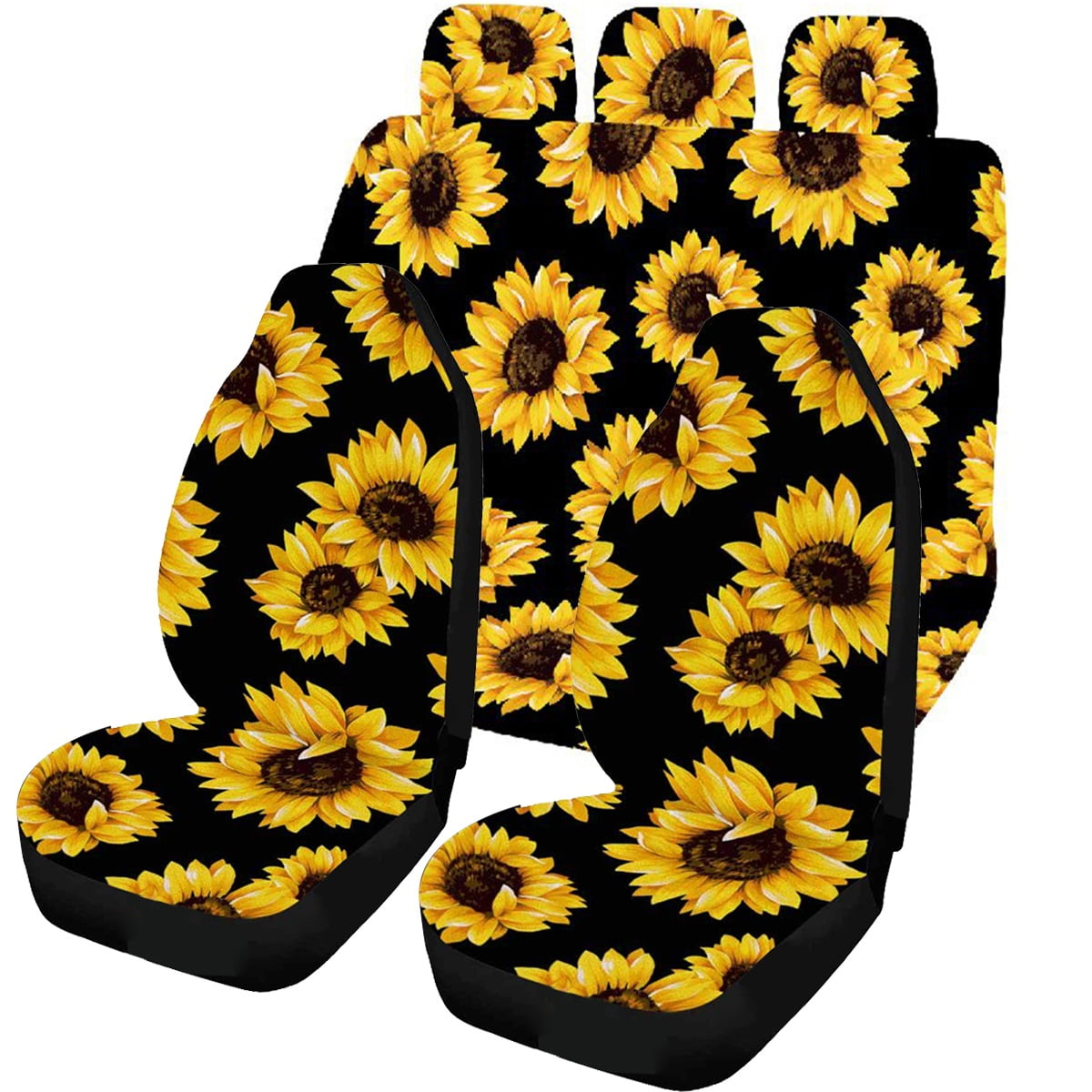 Set of 2 Front Floral Golden White Yellow Love Daisy Custom New Universal Fit Auto Drive Car Seat Covers Protector for Women Automobile Jeep Truck SUV Vehicle Full Set Accessories for Adult Baby 