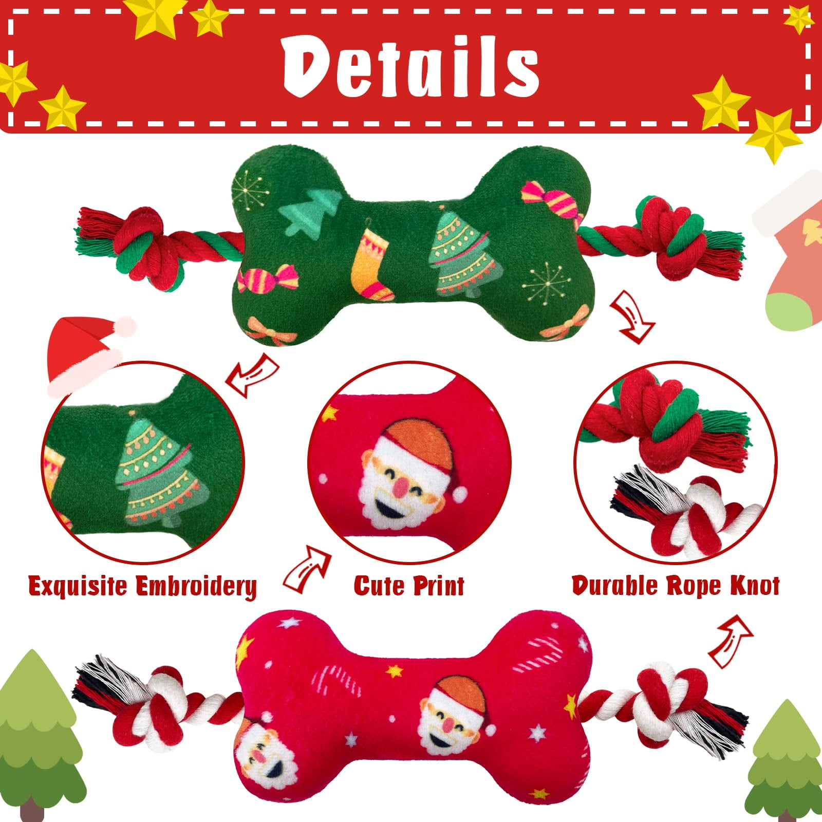 2 Pack Christmas Dog Toys for Small and Medium Dogs, Soft Squeaky Dog Toys with Cotton Rope