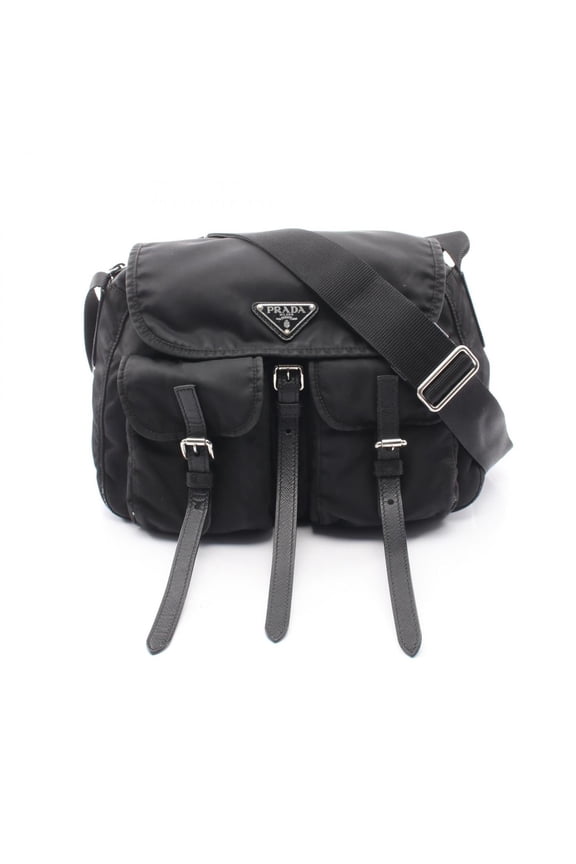 Pre-Owned Prada Triangle Logo Shoulder Bag/Handbag, Nylon & Saffiano Leather, Women's, Black