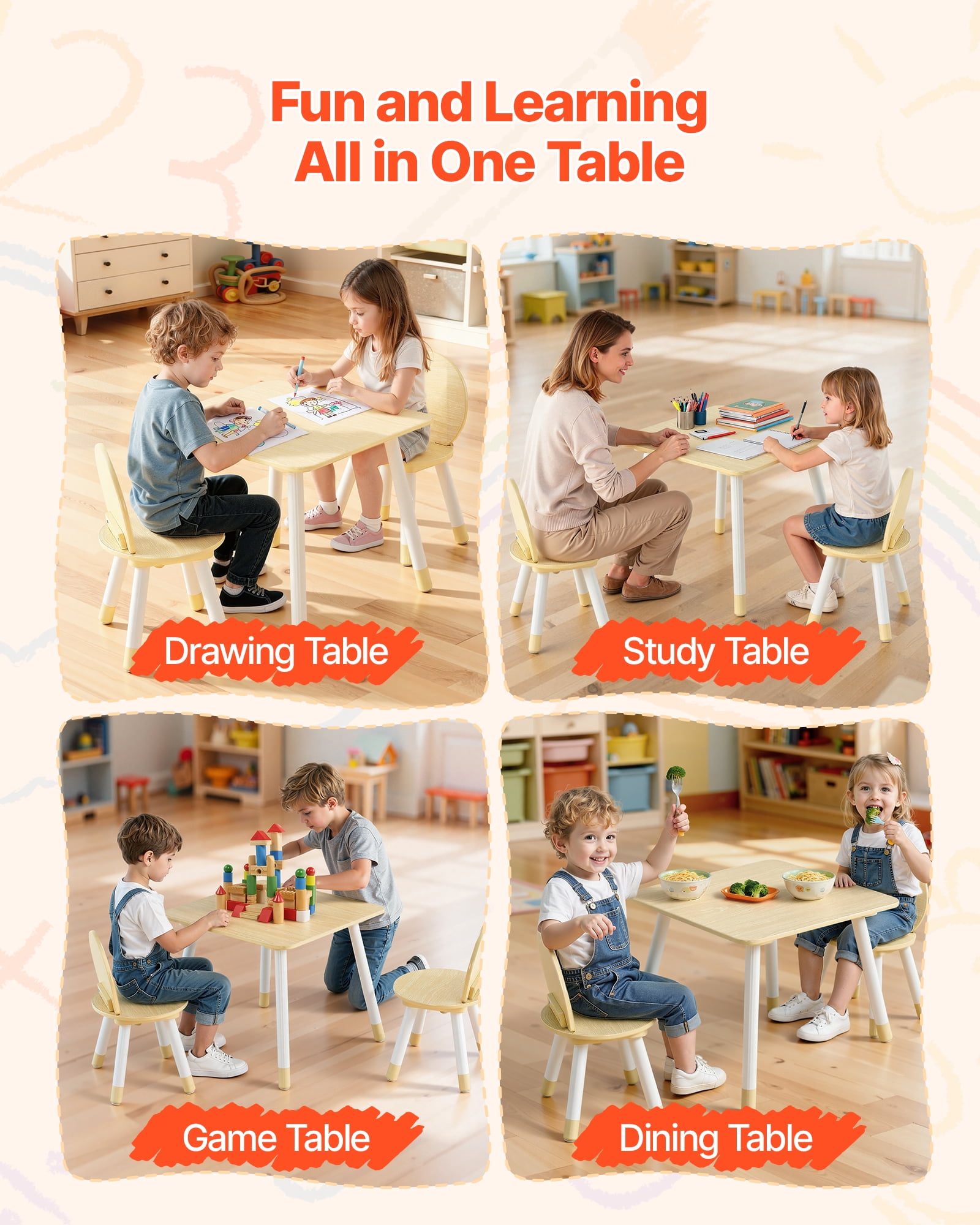 VEVOR Kids Table and 2 Chairs Set, Toddler Table and Chair Set with Rounded Edge Design & Graffiti Desktop, Wooden Desk for Art, Craft, Reading, Learning, Drawing, Classroom/Daycare/Home, Burlywood