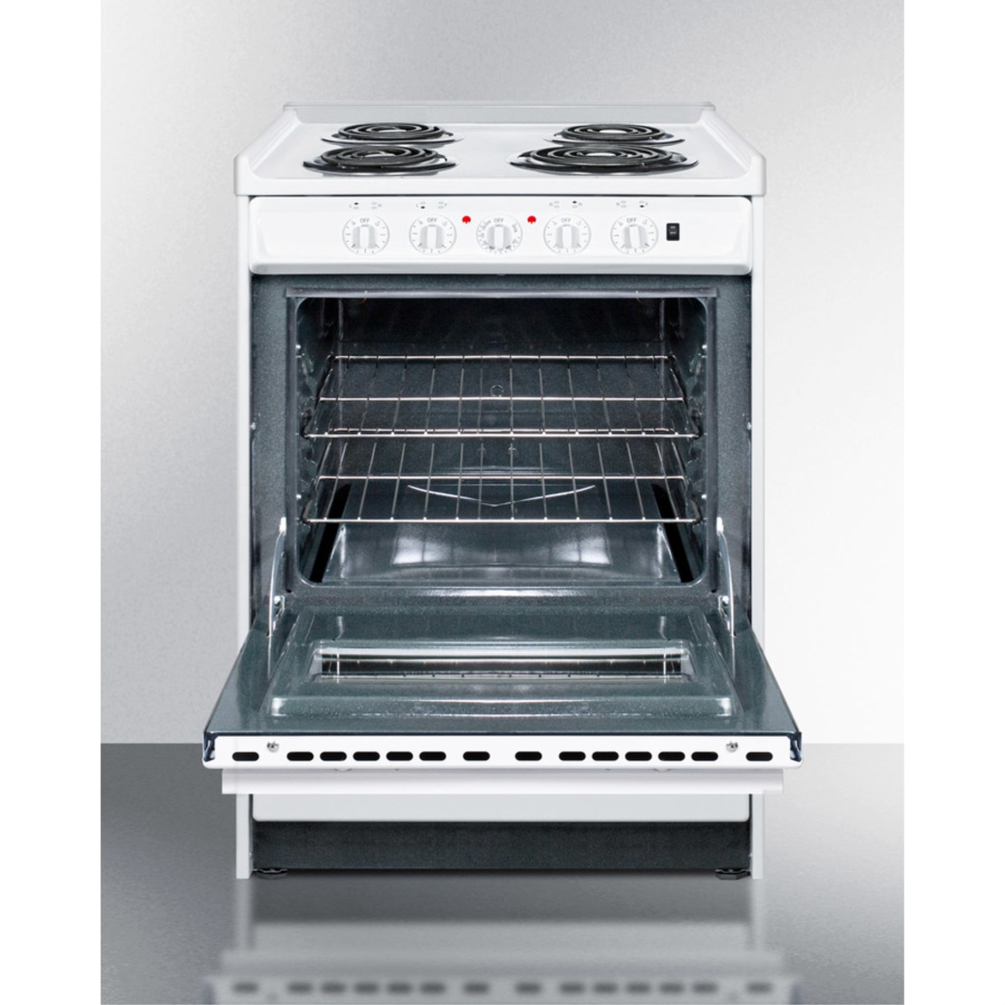 24" wide slide-in style electric coil top range in white with oven window