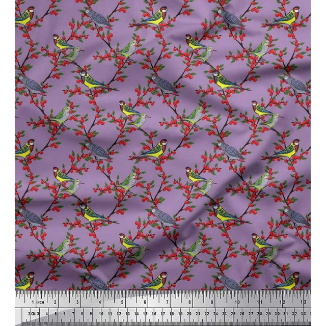 Soimoi Tissu Crêpe polyester Feuilles, Baies Rouges & Imprimé Perroquet Tissu de Couture au Mètre 42 Pouces de Large
