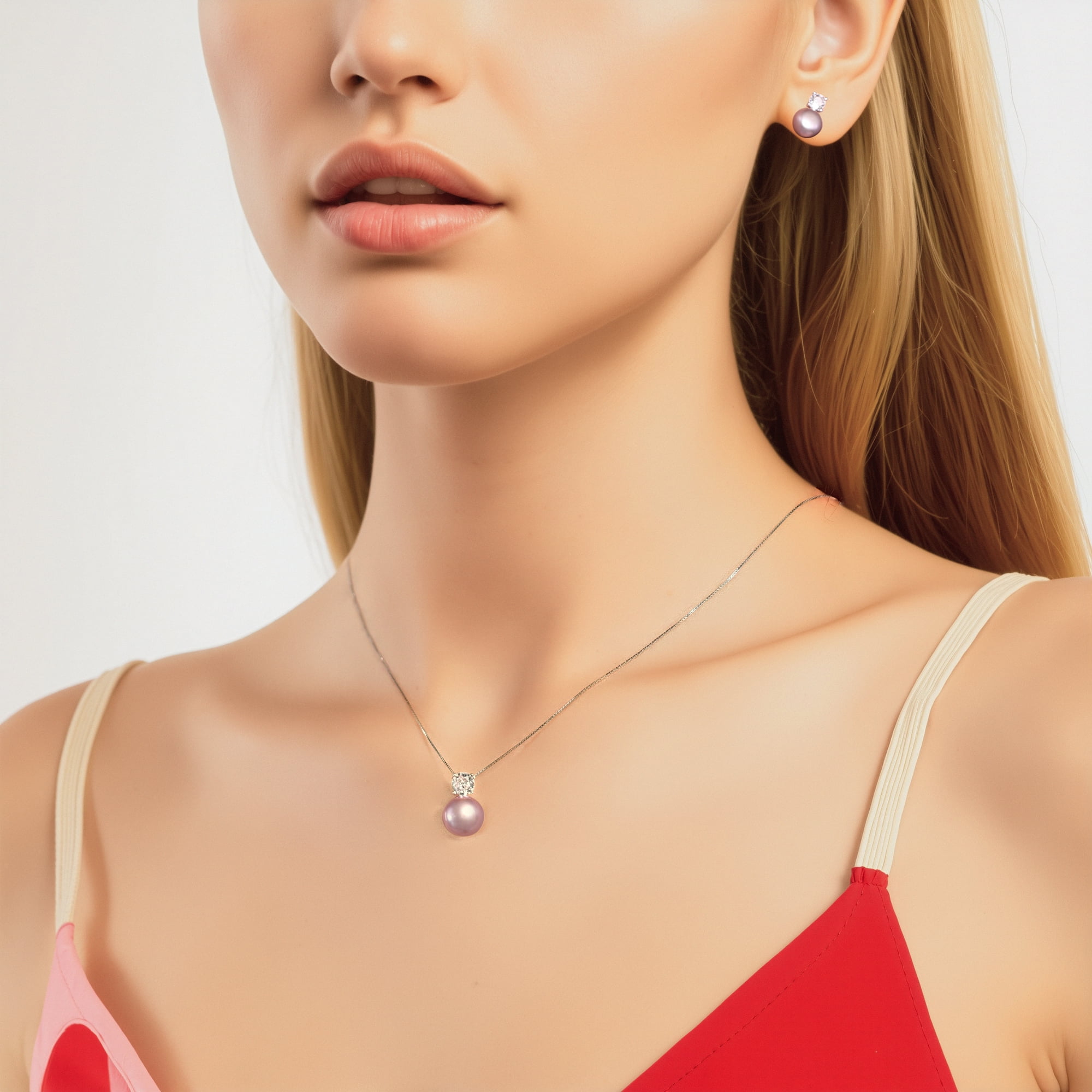 BAMIKI 8-10 mm Purple  Cultured Pearl Earrings and Necklace Set for Women, 925 Sterling Silver Jewelry, Hypoallergenic Gift