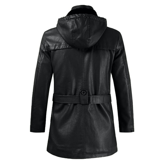 IYTR Men's Winter Long Leather Jacket with Removable Hood Warm Outwear Trench Coat Lapel Zipper Pockets Slim Fit Motorcycle Overcoat Black XXL