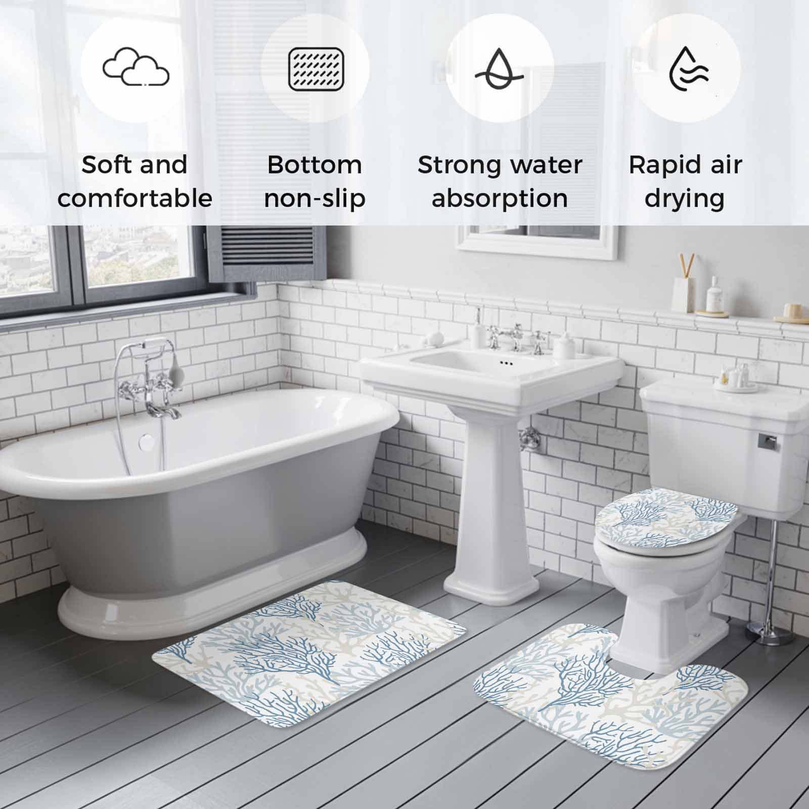 Blue Grey Coral Coastal Bath Mat 3 Piece Bathroom Rug Set, Summer Beach Seaside Nautical Non Slip Bath Rug Contour Mat and Toilet Lid Cover, Absorbent Shower Mats Soft Bath Rugs and Mats Sets
