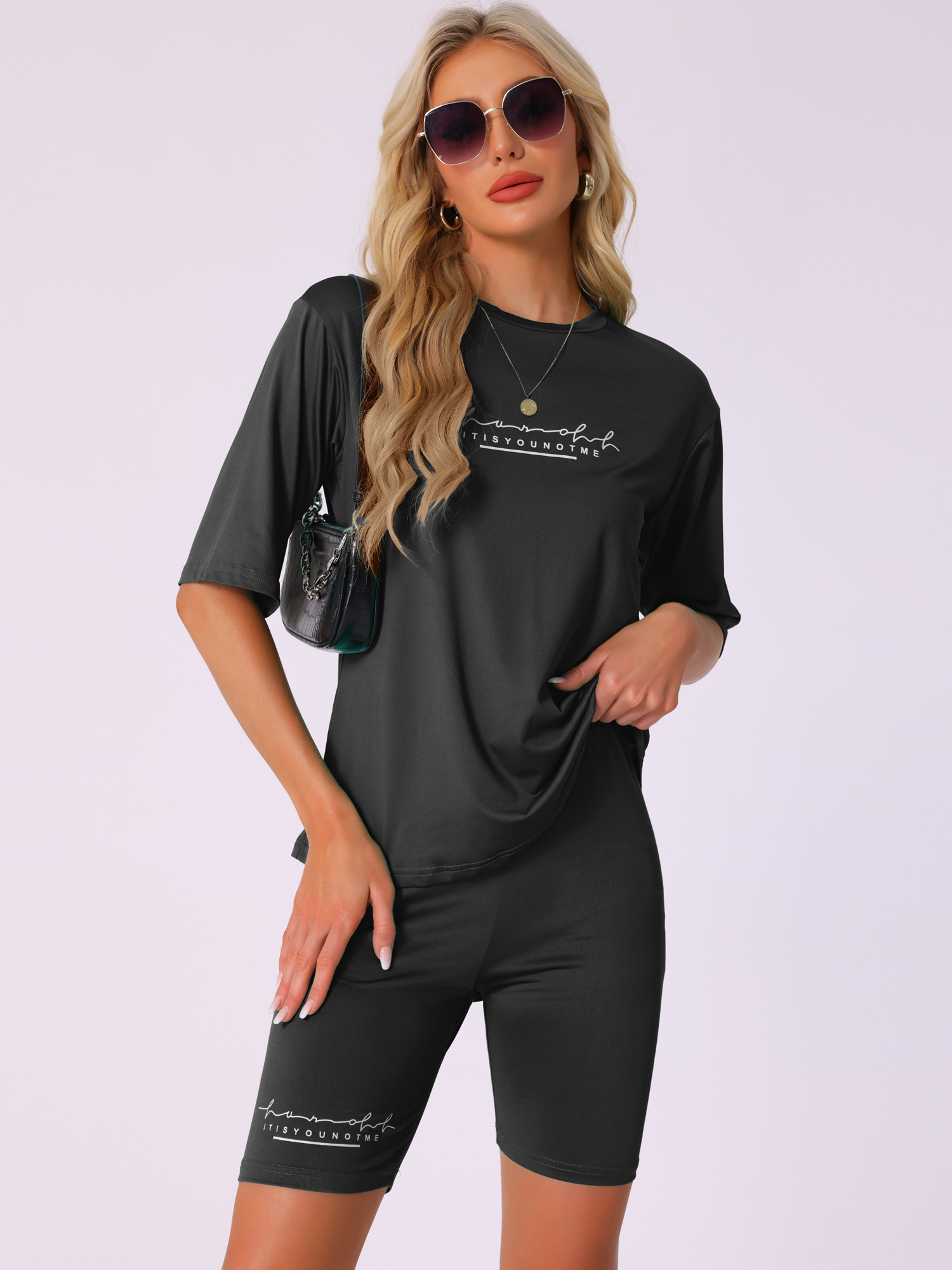 DARING DIVA Womens 2 Pieces Biker Shorts Set Outfits T-Shirt Lounge Wear XL Black