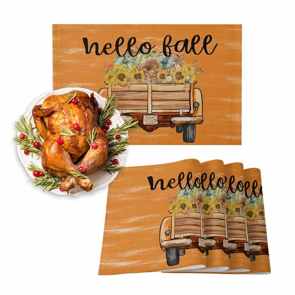 Fall Placemats Set of 4 Sunflower Truck Place Mats Thanksgiving Placemat Floral Pumpkin Leaves Orange Table Mats for Dining Kitchen Table Holiday Dinner Party Home Fall Decorations 13x19 Inch