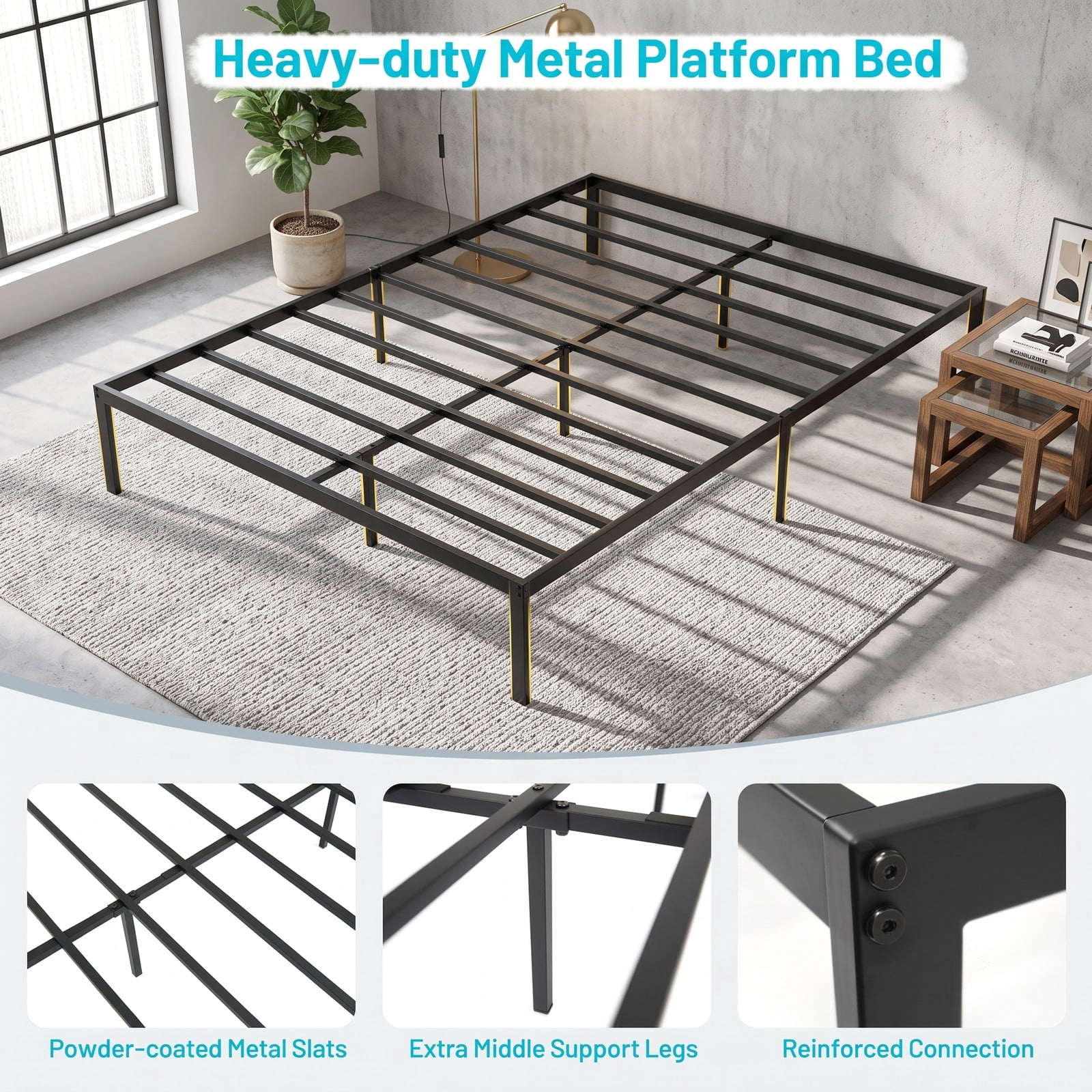 Furnibear Queen Bed Frame Metal Platform Bed with Heavy Duty Slat Support and Extra Center Legs for Bedroom, Black
