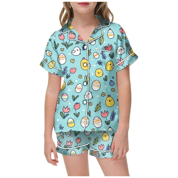 YOUSNH Girls Outfit Sets Easter Bunny Floral Print Kids Short Sleeve Pajama Set with Shorts for Boys and Girls Clothes Set Light Green_011 6-7 Years