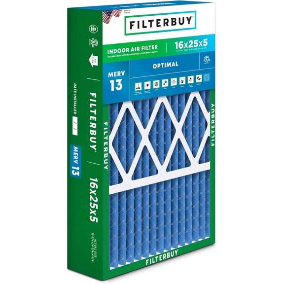 Filterbuy 16x25x5 Air Filter MERV 13 Smoke Defense, Pleated HVAC AC Furnace Filter Replacement for Honeywell & More, 1-Pack