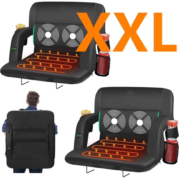 PNKKODW 2PCS 25" Heated Massage Stadium Seats for Bleachers with Back Support, Portable Stadium Chair with 6 Reclining Positions, Armrest, for Outdoor(NO BATTERY)