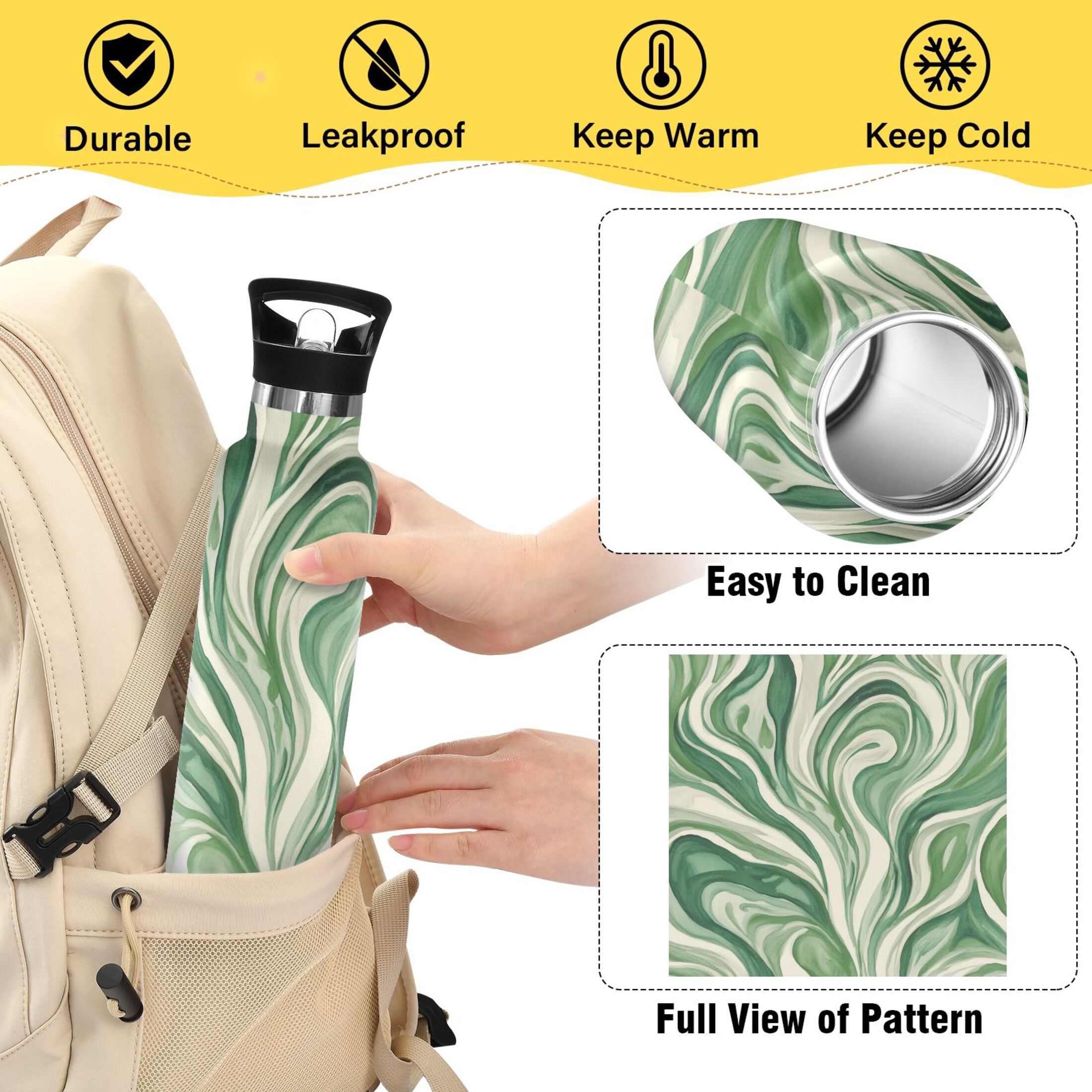 Kids Insulated Stainless Steel Sports Water Bottle 600ml (20oz) Green and White Swirling Lines