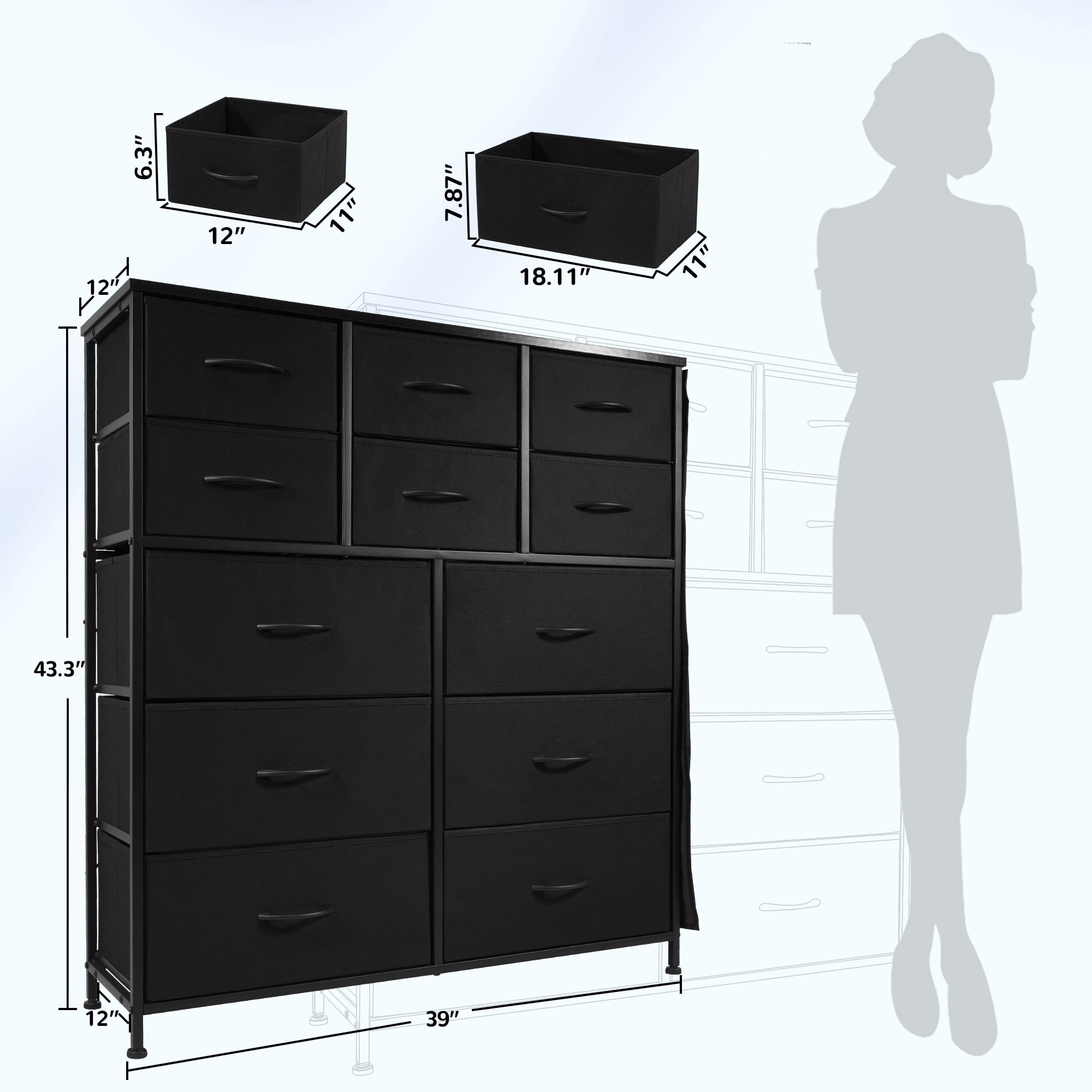Elevon 12-Drawer Storage Cabinet, Fabric Dresser with Steel Frame, Bedroom Storage Tower with Easy-Pull Handles, Wood Grain Finish, Black