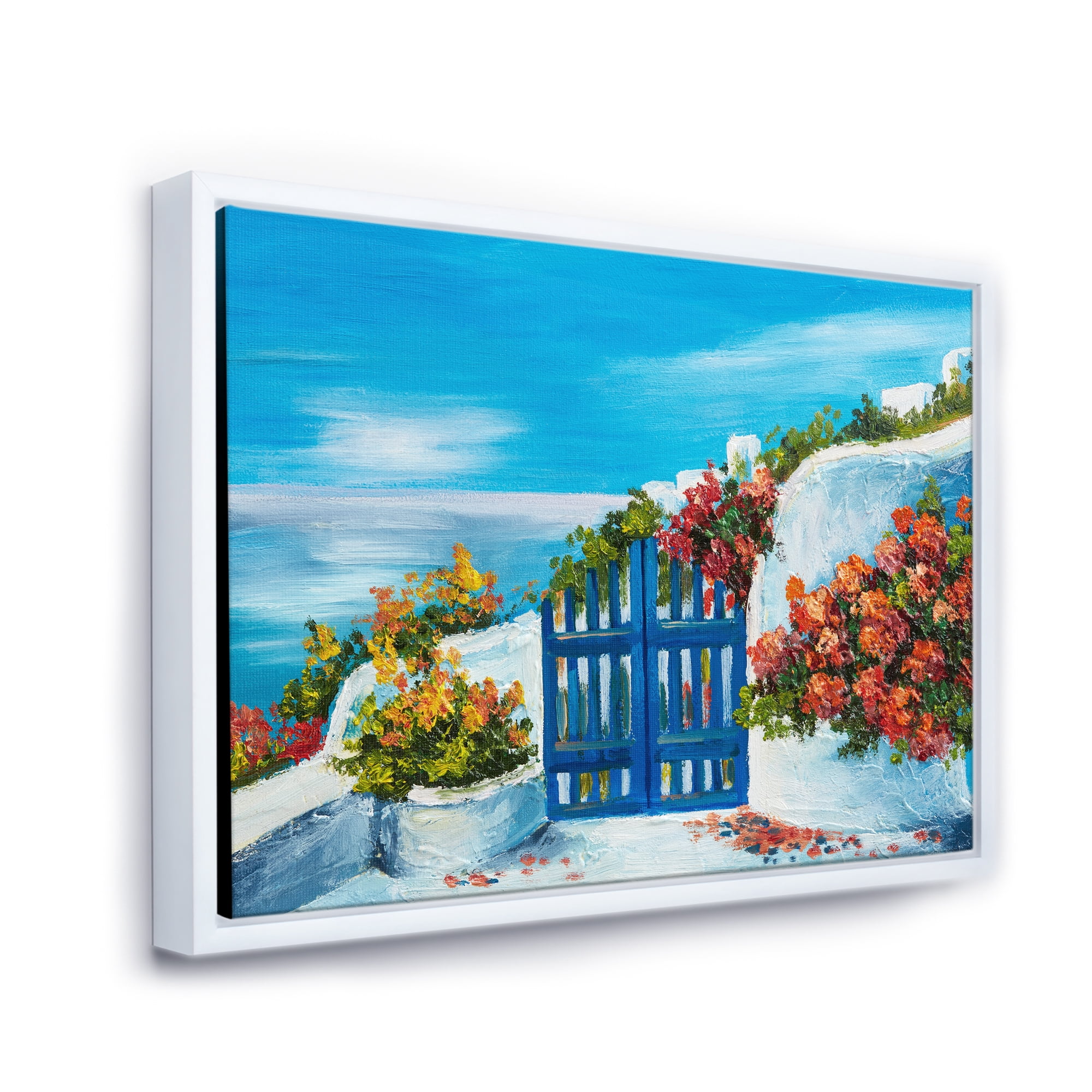 Designart 'House With Colorful Flowers Near The Sea III' Nautical & Coastal Framed Canvas Wall Art Print