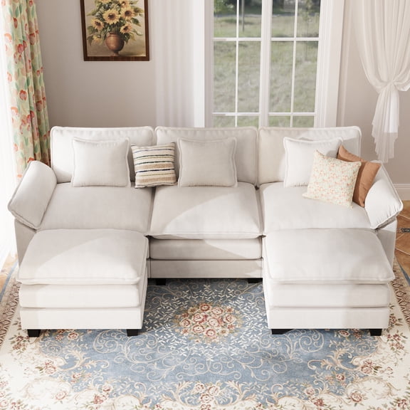 JULY'S SONG Oversized Cloud Couch for Living Room , 120" U Shaped Modular Sectional Sofa with Movable Ottoman, Removable Cushions & Deep Seating, Beige