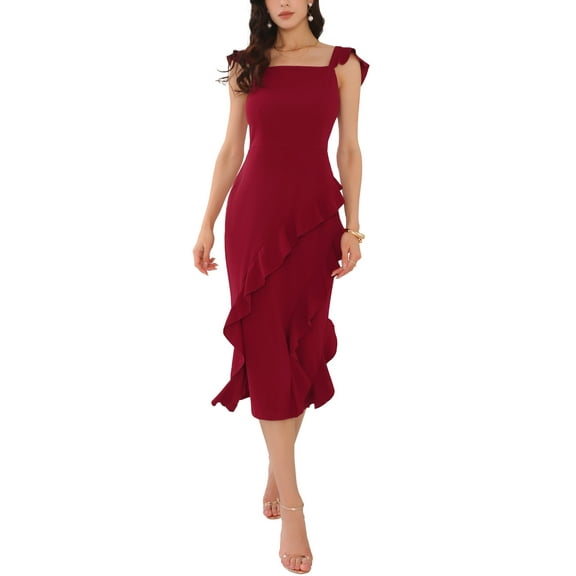 INSPIRE CHIC Women's Sleeveless Square Neck Ruffle Cocktail Midi Dress S Wine Red