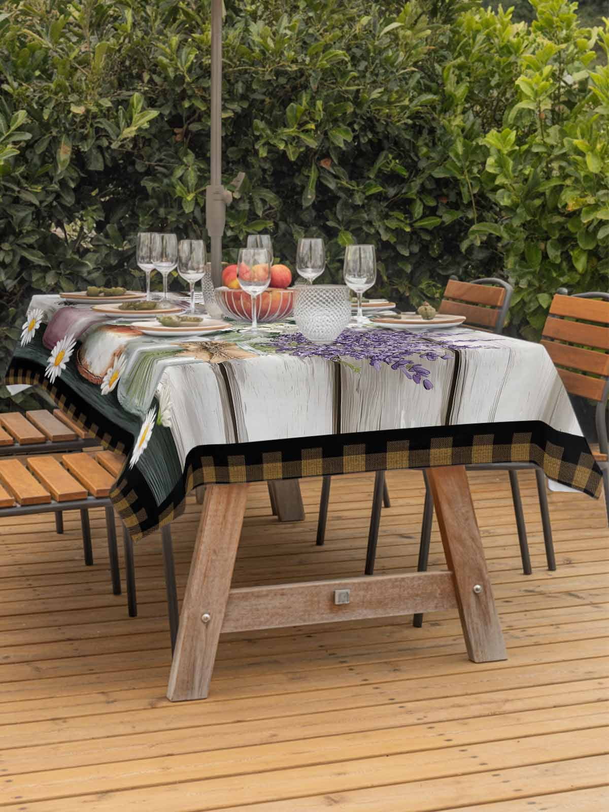 Spring Floral Outdoor Tablecloth - 60x84 Inch Rectangle Dining Table Cover, Pastoral Bottle Flowers Wood Brown Plaid Waterproof Outdoor Table Cloth with Umbrella Hole & Zipper for Picnic/Patio/Party