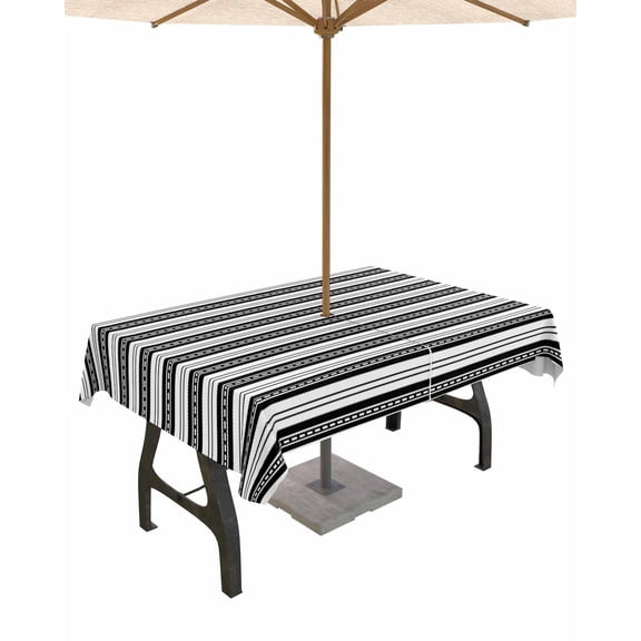 Hokiten Outdoor Tablecloths with Umbrella Hole & Zipper, Boho Black Stripe Rectangle Tablecloth 52x70 Inch, Abstract Geometric White Minimalist Waterproof Table Cloth, Patio/Pool/Picnic Table Covers