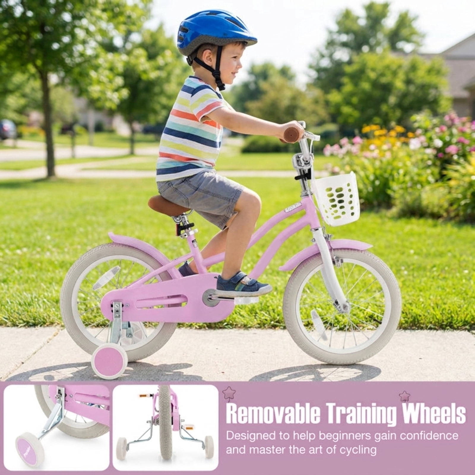 Redsmile 16 Inch Kids Bike for Boys Girls Ages 4-7, Youth Bicycle with Front Handbrake and 2 Removable Training Wheels, Adjustable Seat Carbon Steel Kids Bicycle, Purple