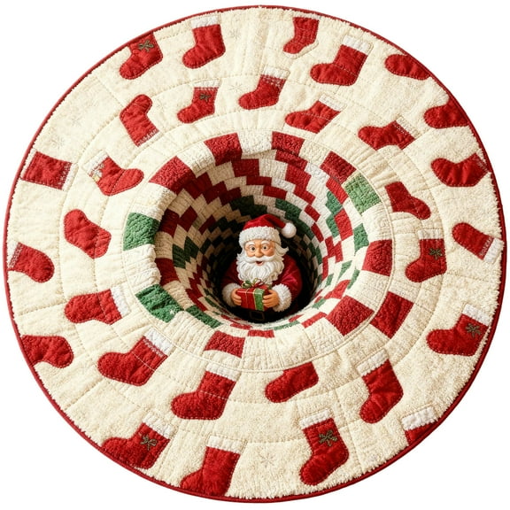Christmas 3D Optical Illusion Rug with Santa Claus Quilted Design, Round Holiday Decorative Rug for Home Parties, Festive Depth Pattern Floor Mat