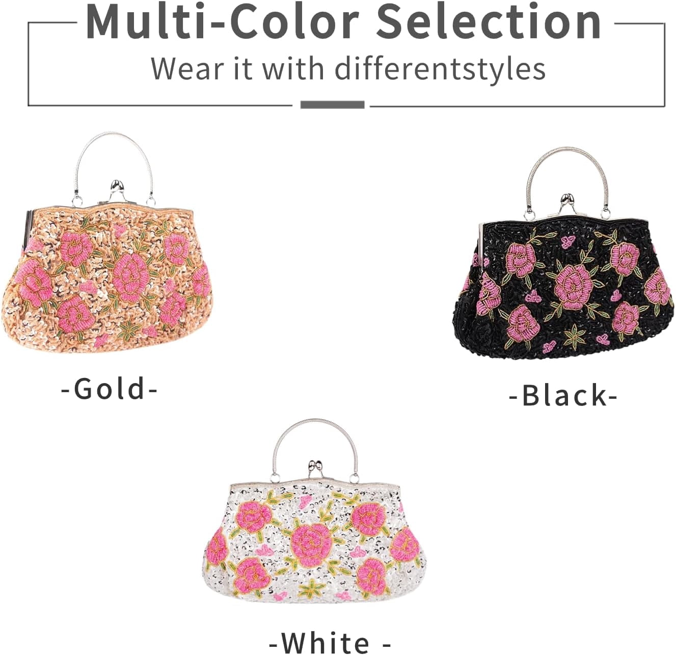 Women's Floral Beaded Embroidered Clutch Purse with Sequins and Detachable Chain - Elegant Evening Bag for Wedding Party