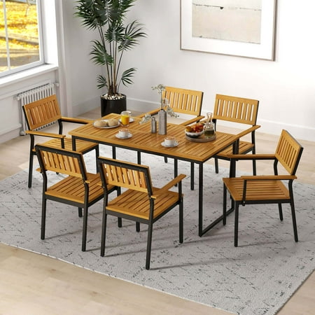 Costway Dining Chair Set of 2 with Acacia Wood Backrest Slanted Seat Comfortable Armrests - Natural + Black