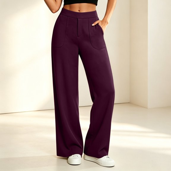 KIHOUT Women High Waisted Straight Leg Pants with Double Layer 4 Way Stretch Elastic Waistband Side Pockets Solid Color Casual Workwear Trousers