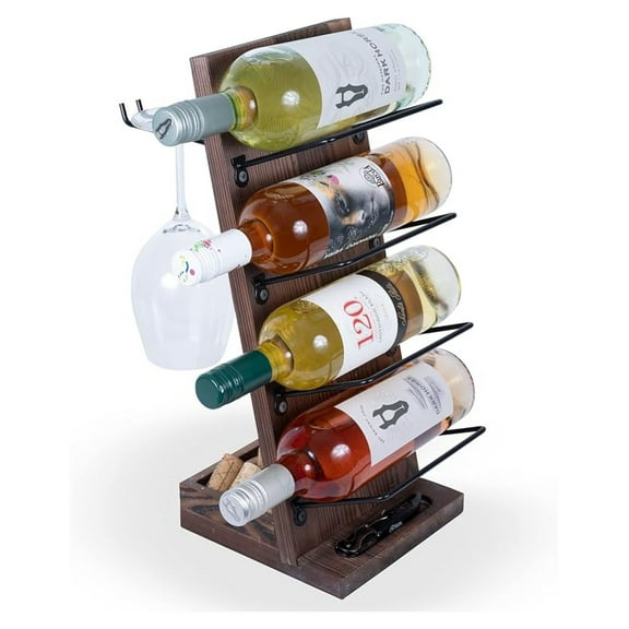 Rueda Wine Rack for 4 Bottles with 2 Stemware Glass Holder and Cork Storage Countertop Tray Freestanding Bar Organizer, Walnut