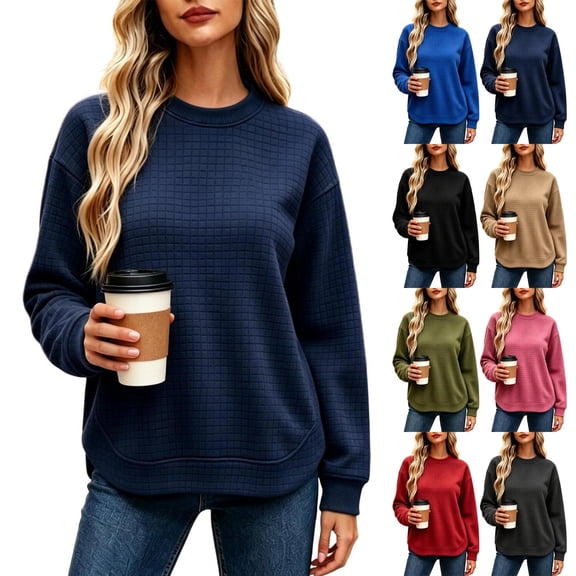 Women's Waffle Knit Sweatshirt Crew Neck Long Sleeve Drop Shoulder Casual Pullover Top