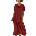thumbnail image 2 of Guieoi Summer Dresses for Women 2026 Solid-Color Short-Sleeve Pleated Midi-Length Loose-Fit Pocket Cotton-Linen Blend Dress Red L, 2 of 9