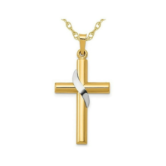 14K Yellow and White Gold Cross Pendant Necklace with Chain