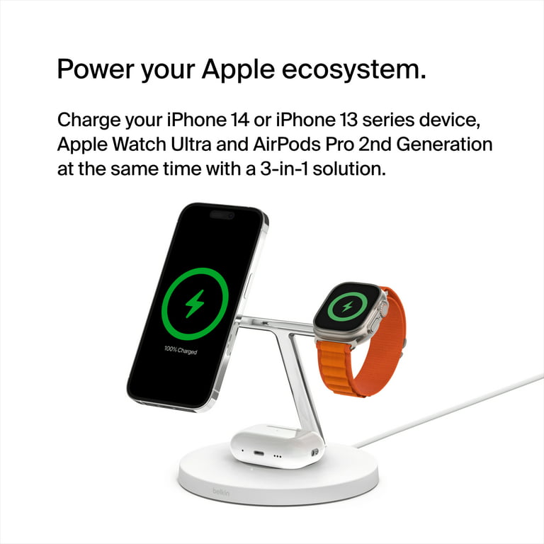 Belkin BoostCharge Pro MagSafe 3-in-1 Wireless Charger for iPhone, Watch  and Headphones - 15W Fast Charging for iPhone 15,14, or 13 Series, Apple  Watch Fast Charge, and AirPods Charging Station, White 