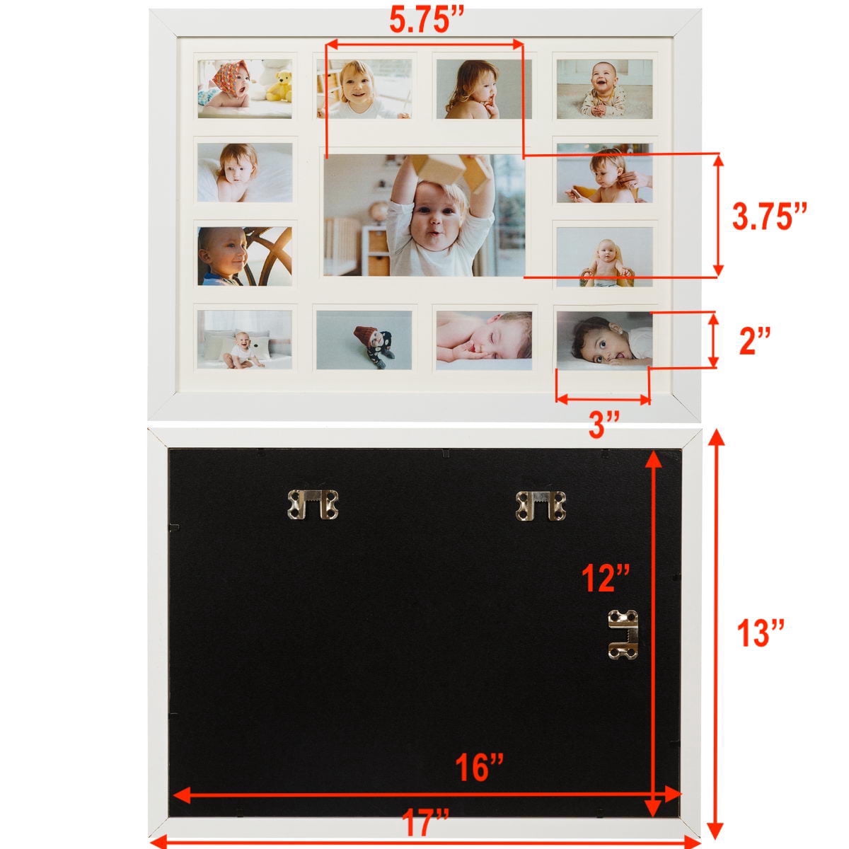 13 Opening Collage Picture Frame K-12 with Double White Mat - Displays One 4x6 and Twelve Wallet Size 2.5x3.5 - Wall Mounting, Landscape, Portrait