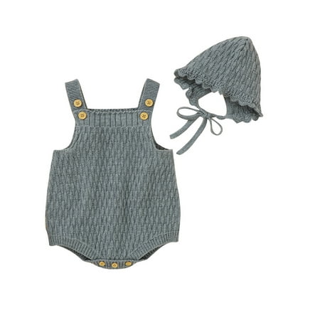 

2 Pcs Infant Baby Girl Boy Knit Romper Sleeveless Halter Bodysuit Jumpsuit with Hat Fall Winter Outfits Clothes