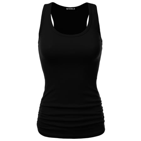 Ruched Spandex Halter Top - Doublju Women's Stretch Ruched Racerback Tank Top BLACK S