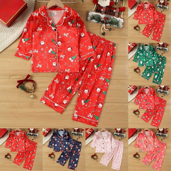Pandaie Toddler Boy Girl Christmas Pajamas Long Sleeves Shirt Pants Loungewear Set Two Piece Kids Satin Silk Nightgown Outfits Brick Red,2-3 Years